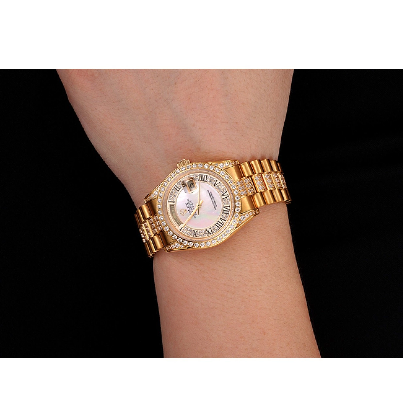 Aaa replica watch Dial Diamond Pave 1453958 Rolex Diamond Gold White Swiss Day-Date Bracelet 0527